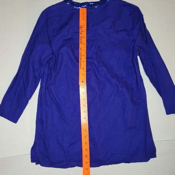 Jaclyn Smith Top Linen Blend Womens Tunic Blue Small 3/4 Sleeve Sequin Resort - Picture 6 of 12
